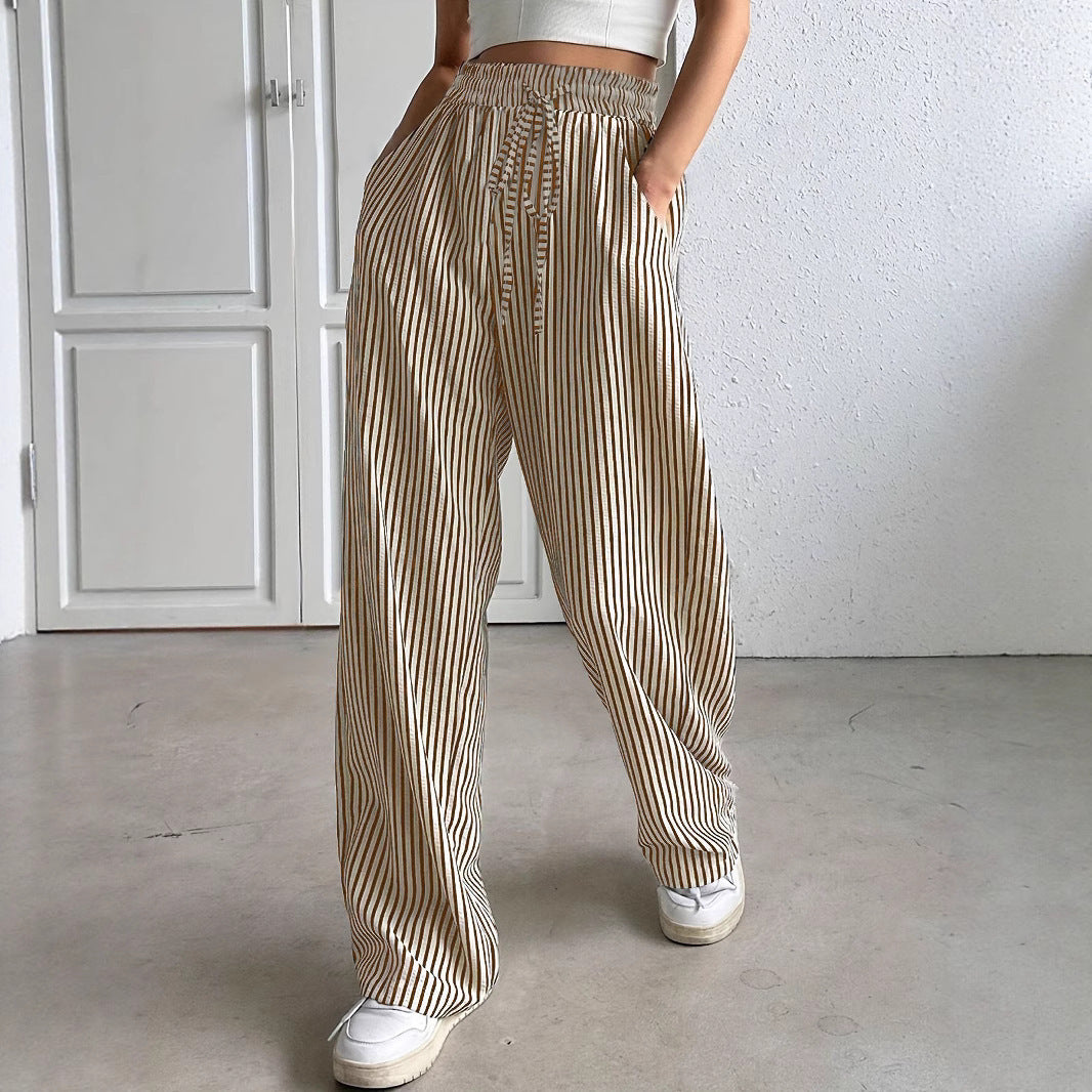 Damen Marlene-Streifenhose aus Leinenmix mit weitem Bein, Elastikbund und Kordelzug Drune