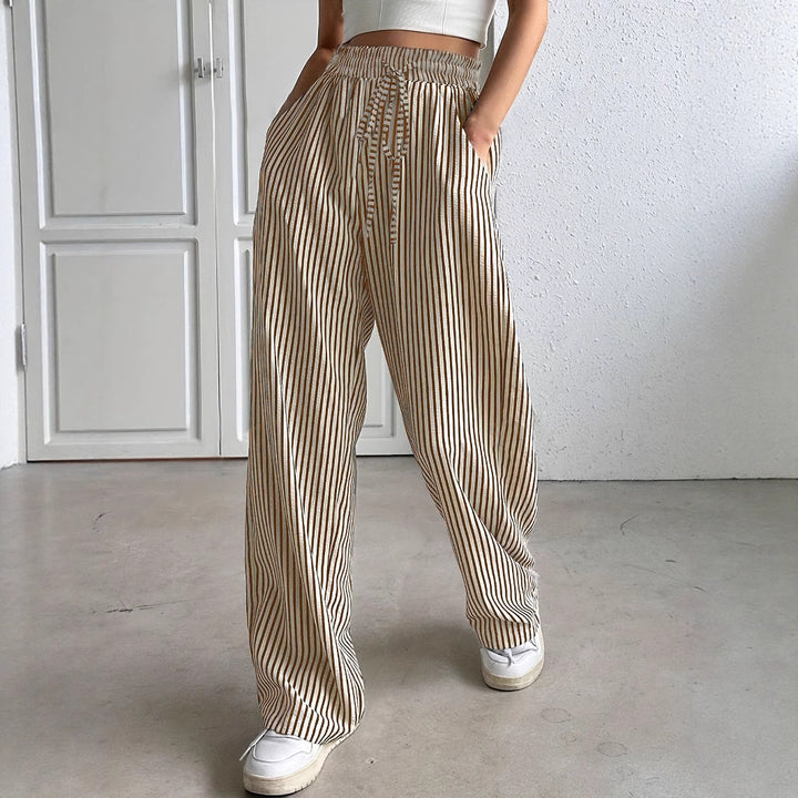 Damen Marlene-Streifenhose aus Leinenmix mit weitem Bein, Elastikbund und Kordelzug Drune