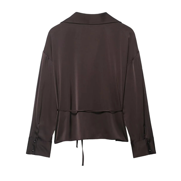 Damen nan seidenähnliche Hemdbluse mit Tunnelzug tailliertem Bindegürtel und überschnittener Schulter Drune