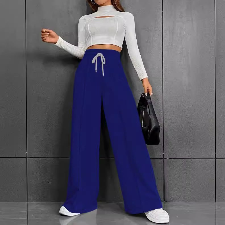 Damen nan weite High-Waist Palazzo-Jogginghose mit Kordelzug und Bügelfalte Drune
