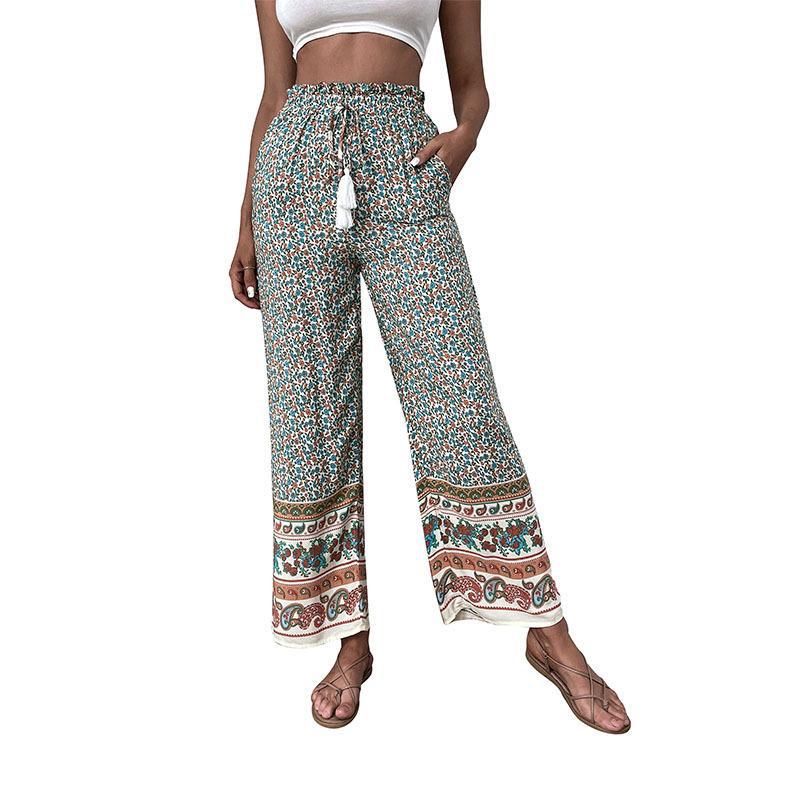 Damen Leichte Boho-Hose mit weitem Bein, elastischem Bund, Quasten-Kordel und Bordürendruck Drune