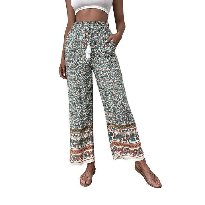 Damen Leichte Boho-Hose mit weitem Bein, elastischem Bund, Quasten-Kordel und Bordürendruck Drune