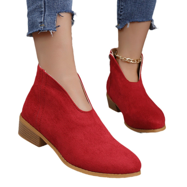 Damen nan V‑Ausschnitt Ankleboots aus Veloursoptik mit seitlichem Reißverschluss und niedriger Holzblocksohle Drune