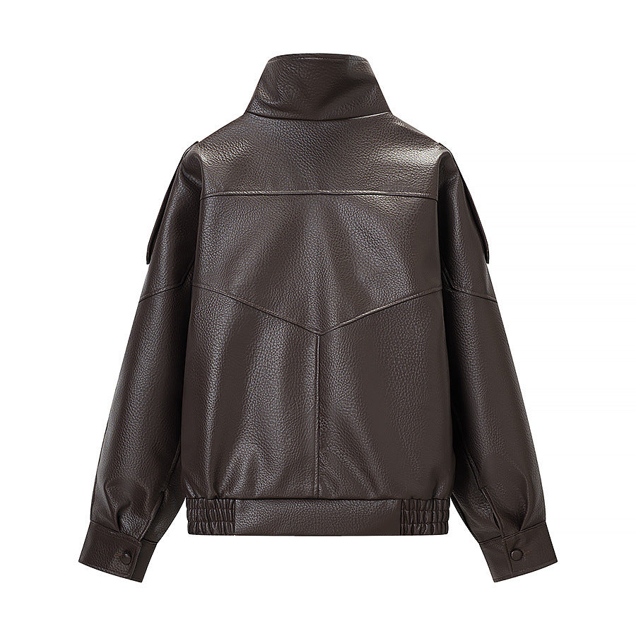 Damen nan oversized Kunstlederblouson mit hohem Stehkragen, asymmetrischer Druckknopfleiste und elastischem Saum Drune