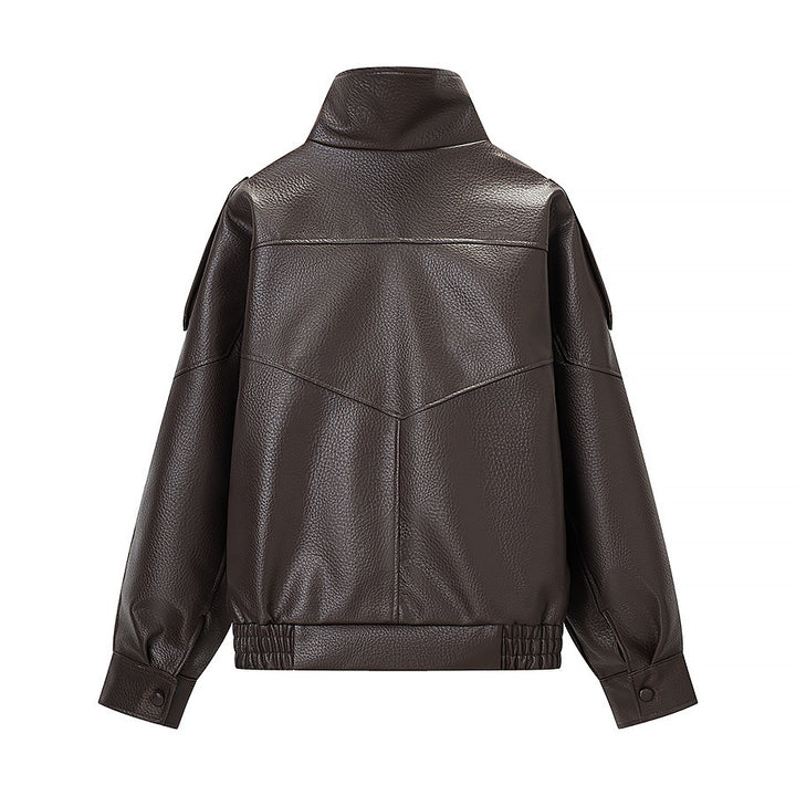 Damen nan oversized Kunstlederblouson mit hohem Stehkragen, asymmetrischer Druckknopfleiste und elastischem Saum Drune