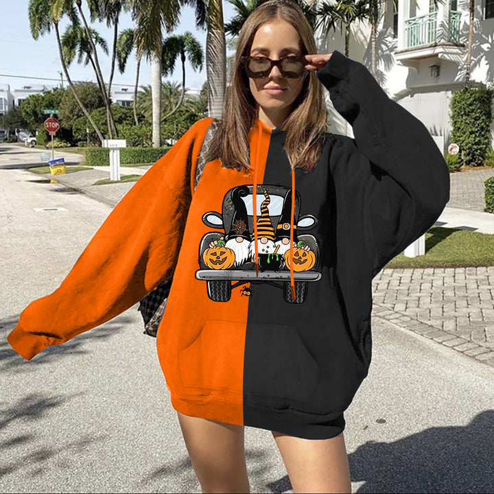 Damen nan Oversize Kapuzenpullover mit geteilter Block‑Optik und Halloween‑Wichtelprint Drune