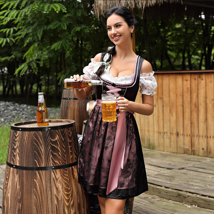 Damen  kurzes Dirndl Trachtenkleid mit Schnürung, Spitzenärmel und dekorativer Schürze Drune