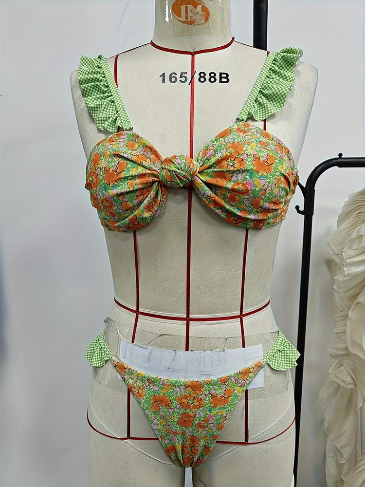 Damen Bikini mit fröhlichem Blumendruck und verspielten Rüschen Drune