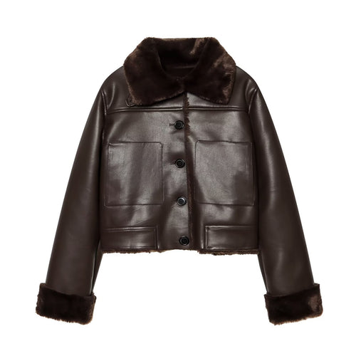 Damen Kurze wattierte Kunstlederjacke mit Teddy-Futter, Fellkragen und aufgesetzten Pattentaschen Drune