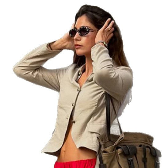 Damen Kurz geschnittene taillierte Leinenoptik-Blazerjacke mit Stehkragen Drune