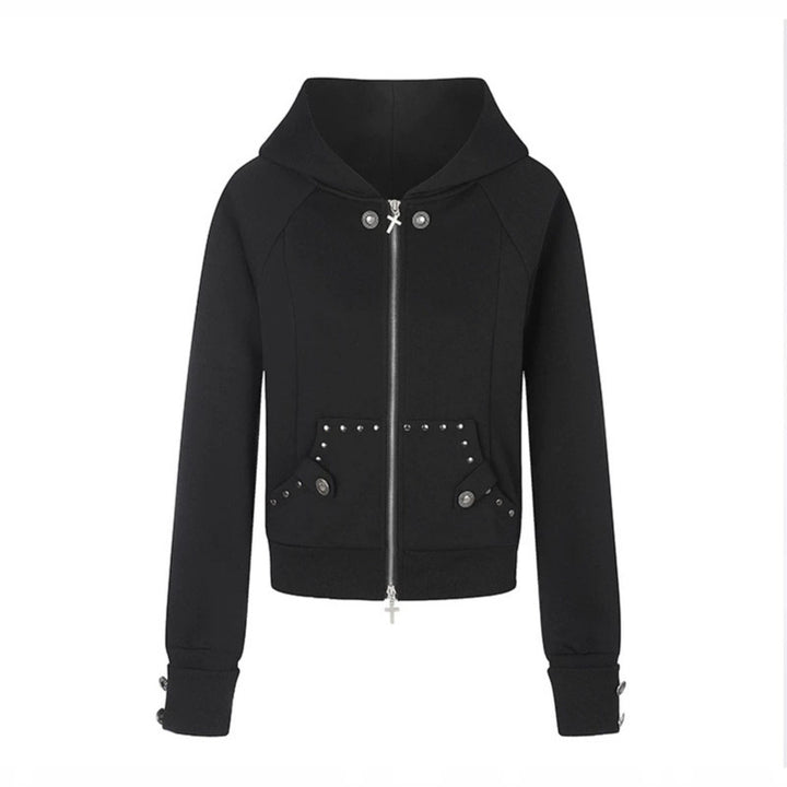 Damen taillierte Kapuzen‑Sweatjacke mit Frontreißverschluss, Nietenbesatz und Taschenapplikation Drune
