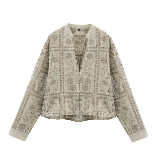Damen Bestickte V‑Neck Boxy‑Bluse‑Jacke mit Patchwork‑Stickerei Drune