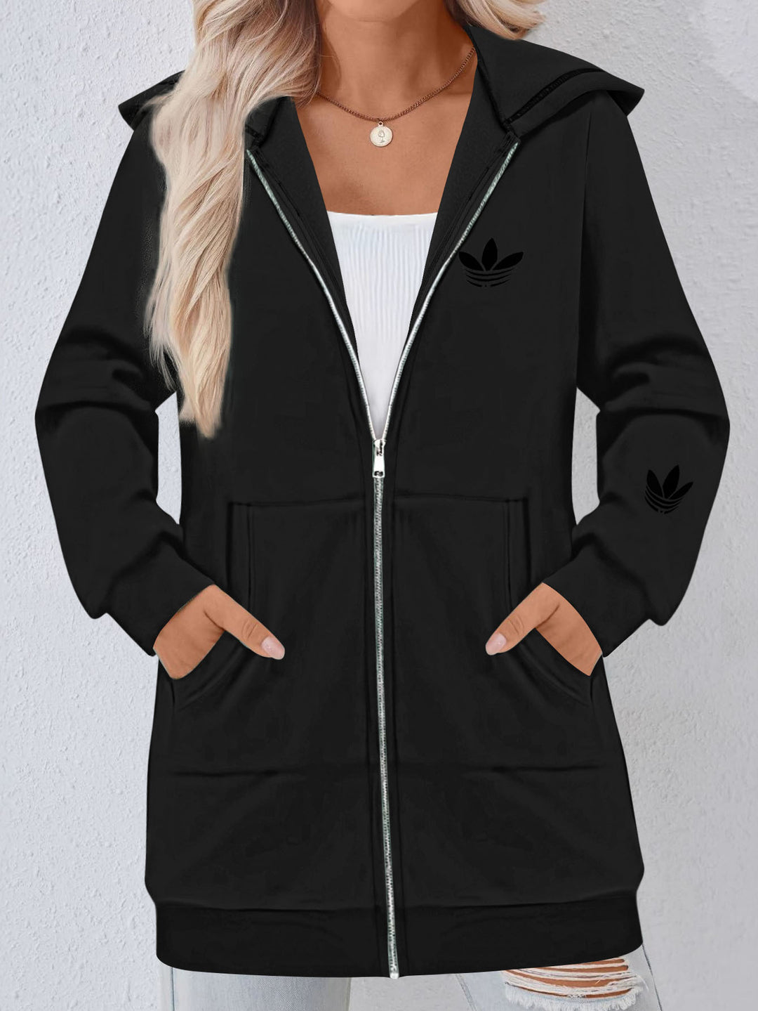 Damen Lange Kapuzen-Sweatjacke mit Metallreißverschluss, Kängurutaschen und figurumspielender Silhouette Drune