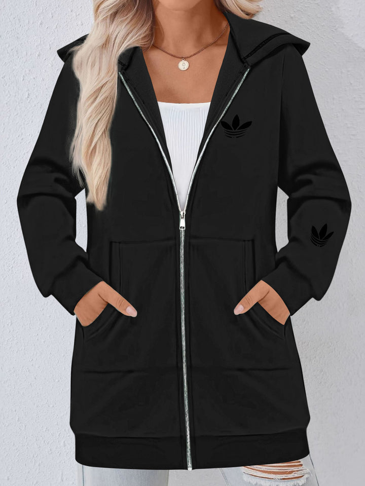 Damen Lange Kapuzen-Sweatjacke mit Metallreißverschluss, Kängurutaschen und figurumspielender Silhouette Drune