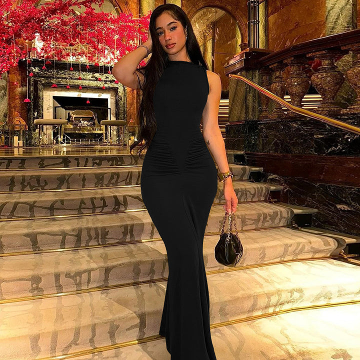 Damen Figurbetontes Maxikleid mit hochgeschlossenem Design und Raffung Drune