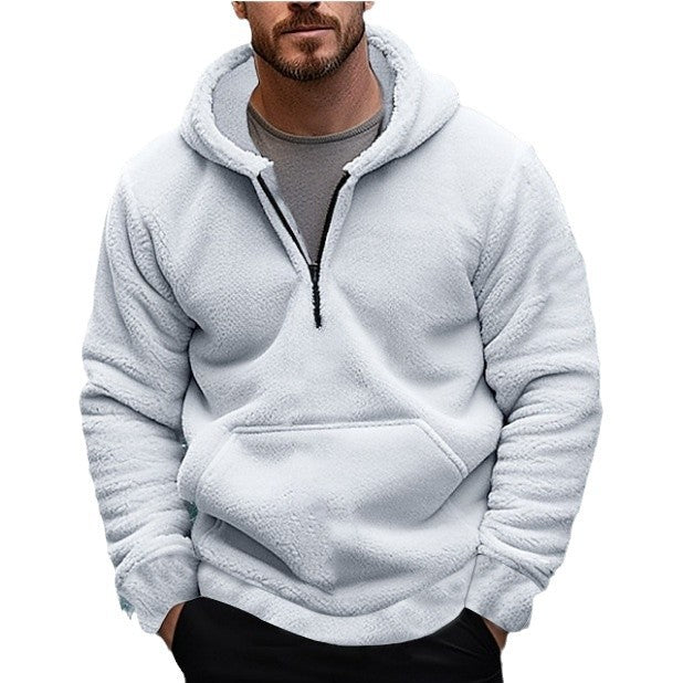 Herren sherpa fleece-hoodie mit halbem Reißverschluss, Kapuze und großer Kängurutasche Drune