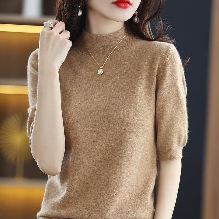 Damen Kurzärmeliger Feinstrick-Pullover mit halbem Rollkragen Drune