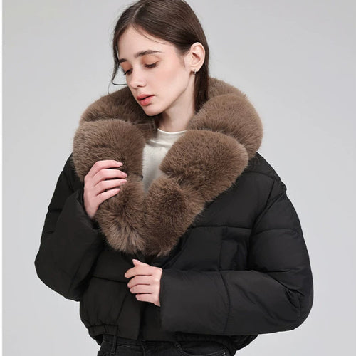 Damen Kurze gesteppte Puffer-Bomberjacke mit extra weitem Kunstfellkragen Drune