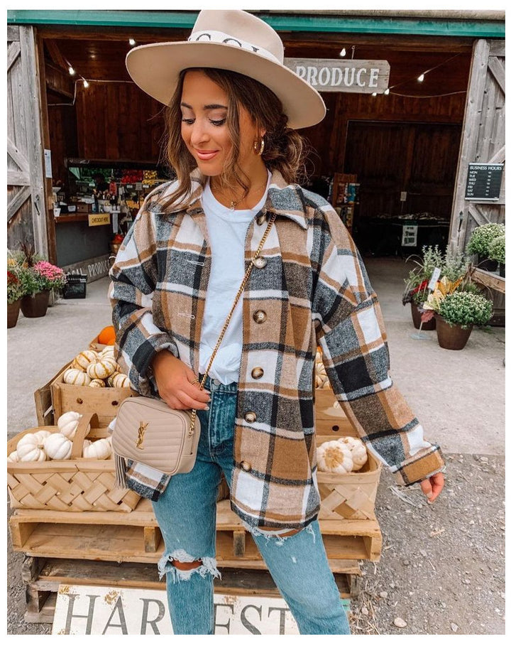 Damen Oversized Kariertes Flanell‑Shacket mit Brusttaschen und Holzknöpfen Drune