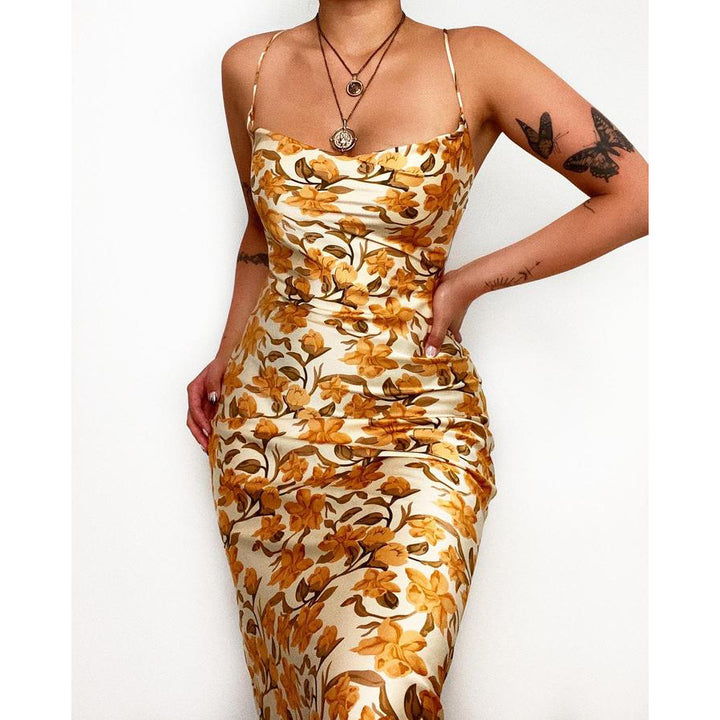Damen Satin Maxikleid mit floraler Drapierung und Spaghettiträgern Drune
