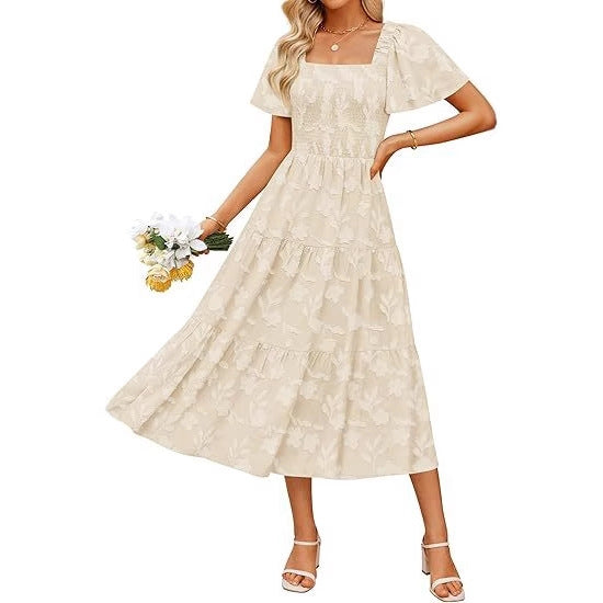 Damen Maxikleid mit Volant und Quadrat-Ausschnitt Drune