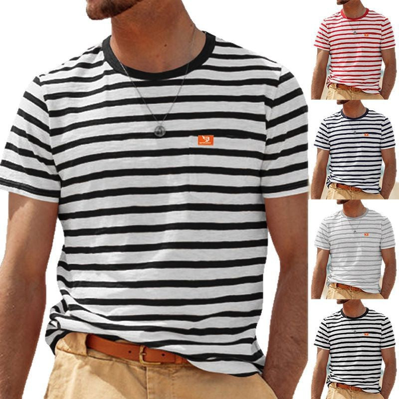 Herren nan lässiges gestreiftes Baumwoll-Jersey T-Shirt mit Rundhalsausschnitt und unaufdringlichem Logo-Patch Drune