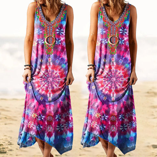 Damen Freizeit-Maxikleid mit buntem Batik-Design und eleganter Stickerei Drune