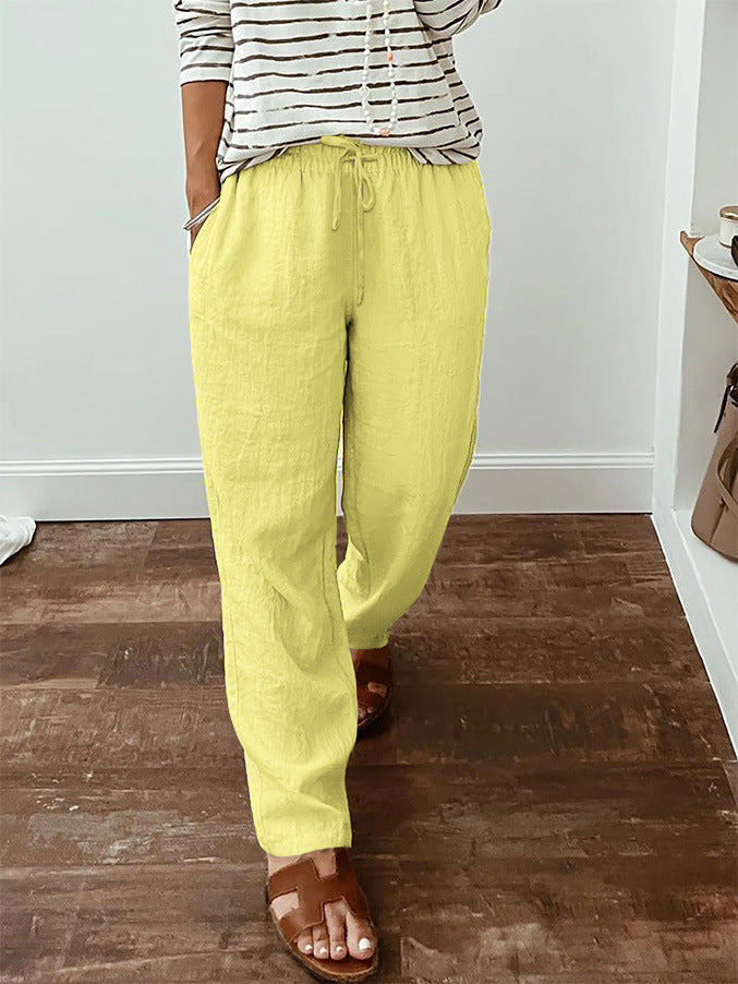 Leichte Damen-Leinenoptik-Hose mit elastischem Kordelzug, Fronttaschen und weitem Bein Drune