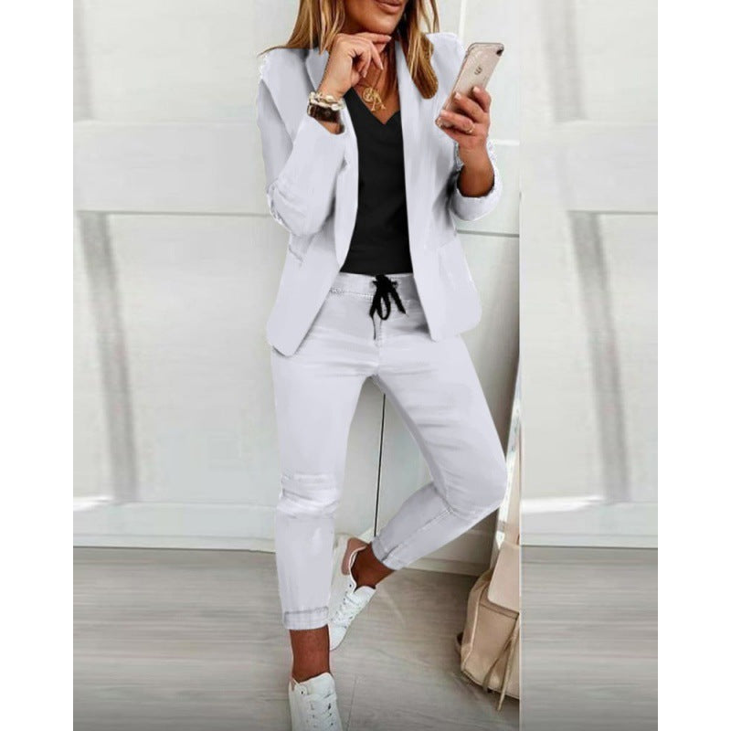 Damen Zweiteiliges Stretch-Jersey-Blazer-Set mit Kordelzug-Jogginghose Drune