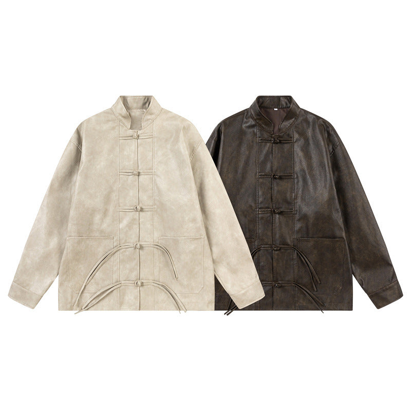 Unisex Asiatisch inspiriertes Oversize-Jackett mit Mandarinkragen und Knotenverschlüssen Drune