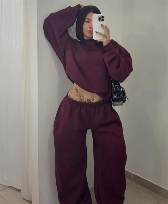 Damen lässiges Sweatshirt- und Jogginghosen-Set mit cropped Oberteil und weitem Bein Drune