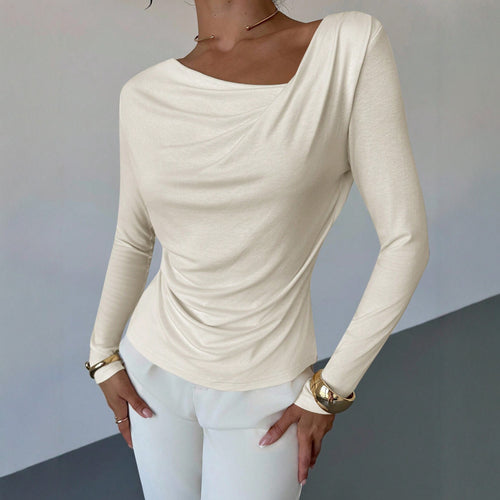 Damen elegantes drapiertes Langarm-Top mit Wasserfallkragen und taillierter Silhouette Drune