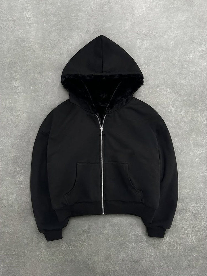 Unisex Kapuzen-Sweatjacke mit Kunstfellfutter, verkürztem Schnitt und Kreuz-Reißverschluss Drune