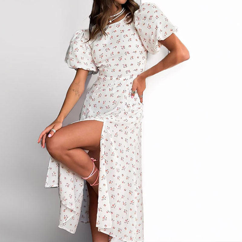 Damen Maxikleid mit verspielt leichtem Puffärmel und elegantem Schlitz Drune