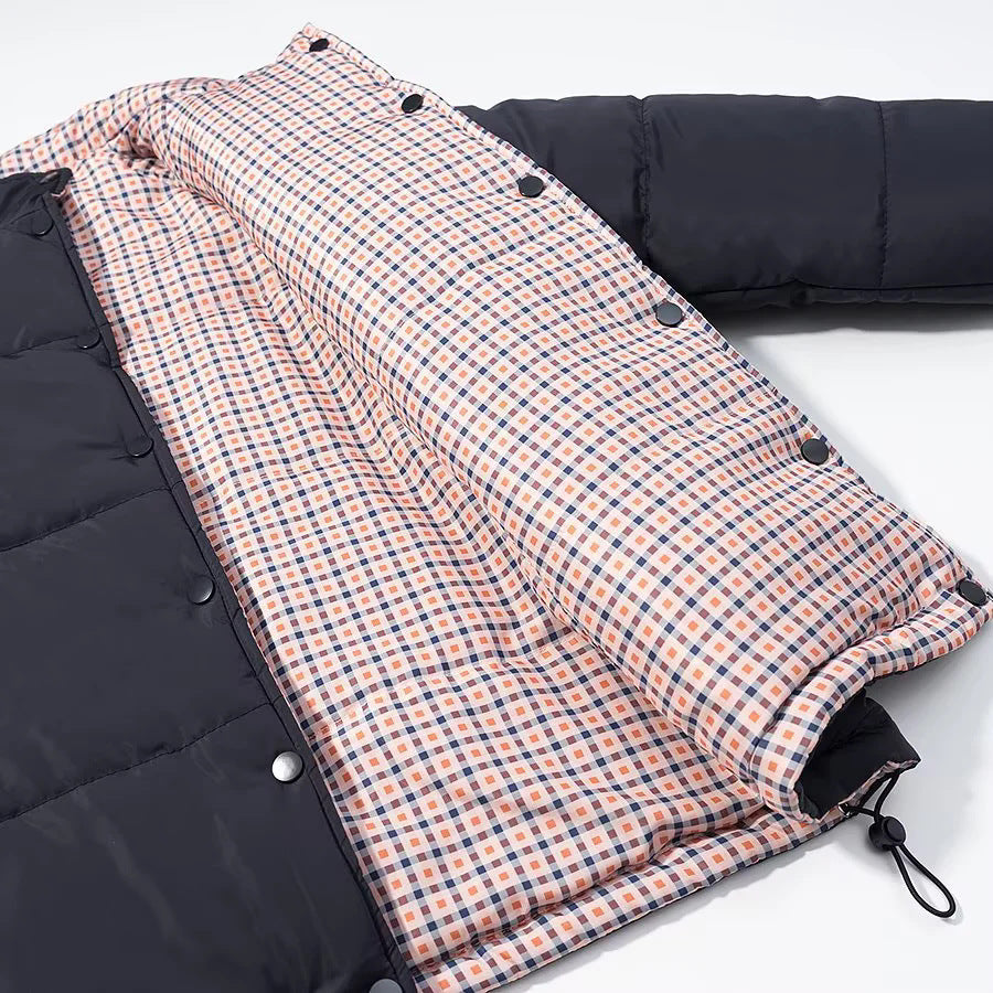 Damen nan warme Oversize-Steppjacke mit kariertem Innenfutter, Stehkragen und Tunnelzugsaum Drune