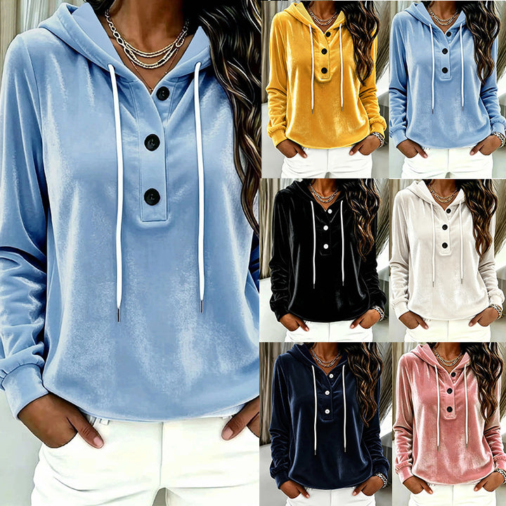 Damen Samt-Hoodie mit Knopfleiste, Kapuze und weichem Fleece-Finish Drune