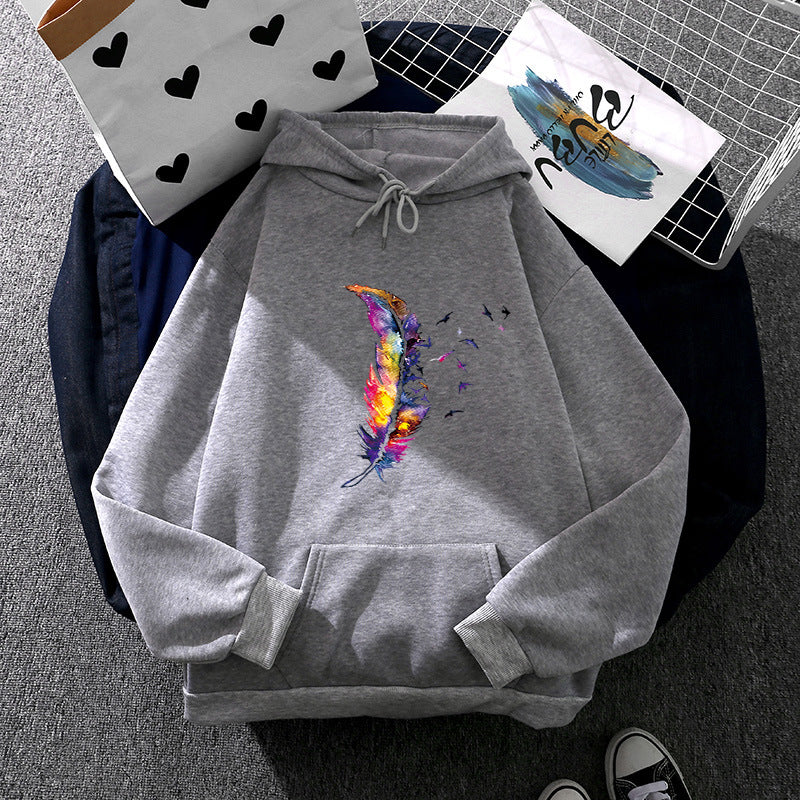 Damen nan Kapuzenpullover mit künstlerischem Aquarell‑Federmotiv, Oversize‑Schnitt und Kängurutasche Drune