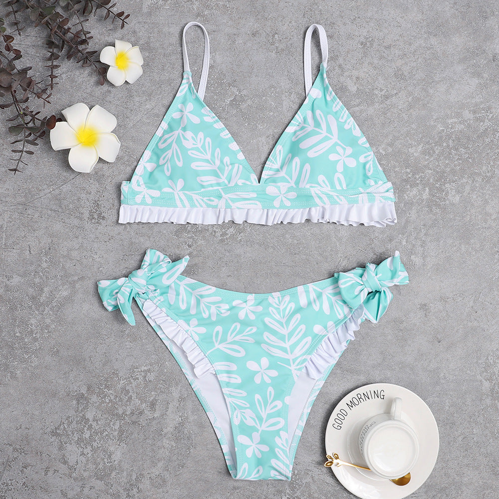 Damen Triangel-Bikini mit verspielten Rüschendetails und floralem Druck Drune
