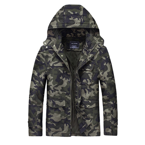 Herren leichte Camouflage Feldjacke mit Kapuze, Kordelzug und Multifunktions‑Taschen Drune