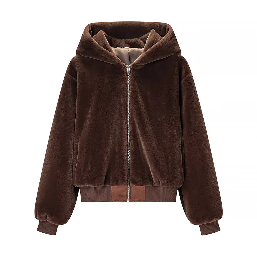 Damen nan wattierte Kapuzenjacke mit kuscheligem Teddyfutter, Reißverschluss und breitem Rippbund Drune