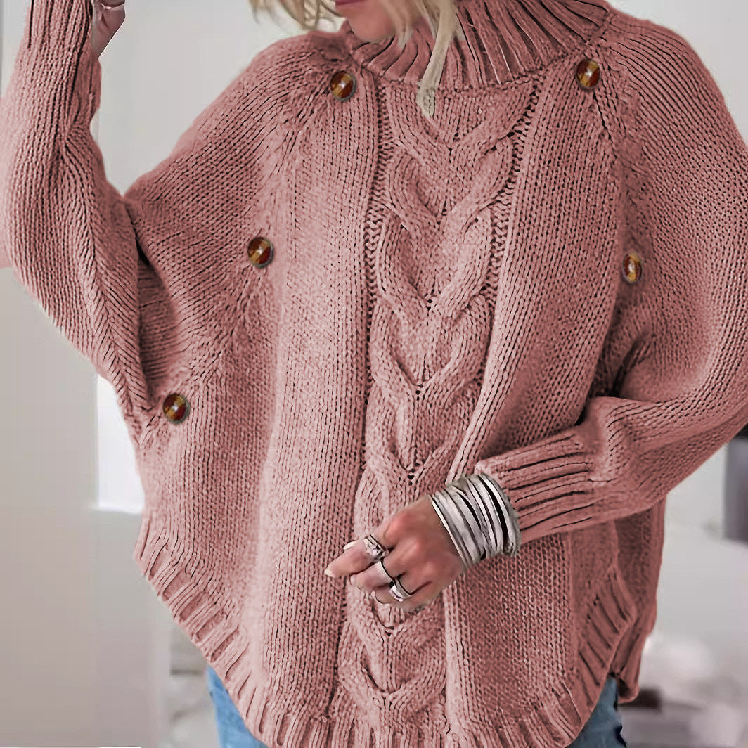 Damen Grober Strickpullover mit hoher Kragenpartie und Knopfdetails Drune