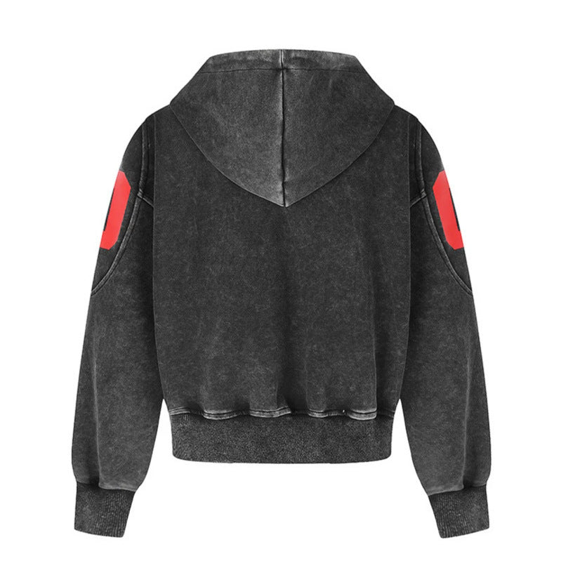 Damen Kurz geschnittene Vintage-Wasch Kapuzen‑Zipjacke mit Gothic‑Print und Nummernprint Drune