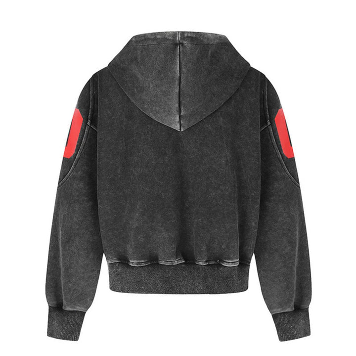 Damen Kurz geschnittene Vintage-Wasch Kapuzen‑Zipjacke mit Gothic‑Print und Nummernprint Drune