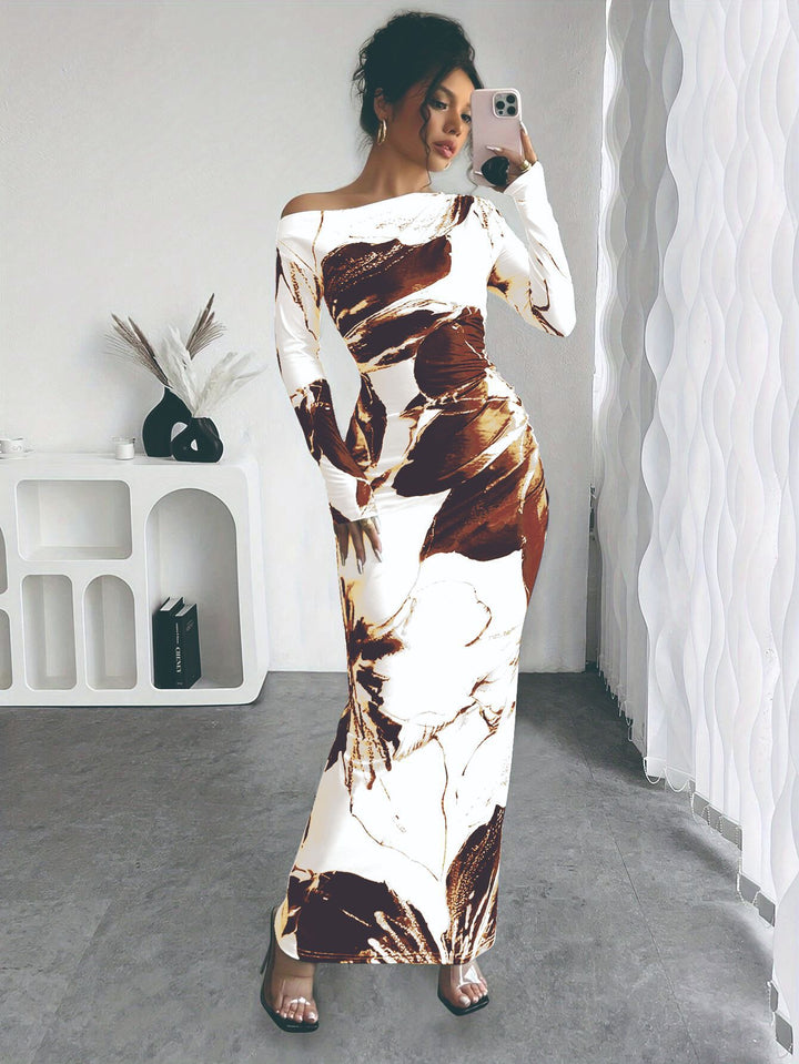 Damen elegantes Langarmkleid mit floralem Motiv Drune
