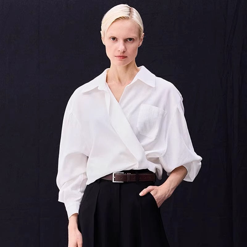 Damen oversized Bluse mit Wickeloptik und praktischer Brusttasche Drune