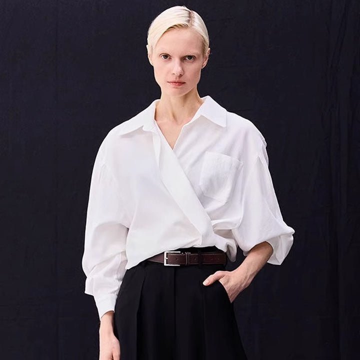 Damen oversized Bluse mit Wickeloptik und praktischer Brusttasche Drune