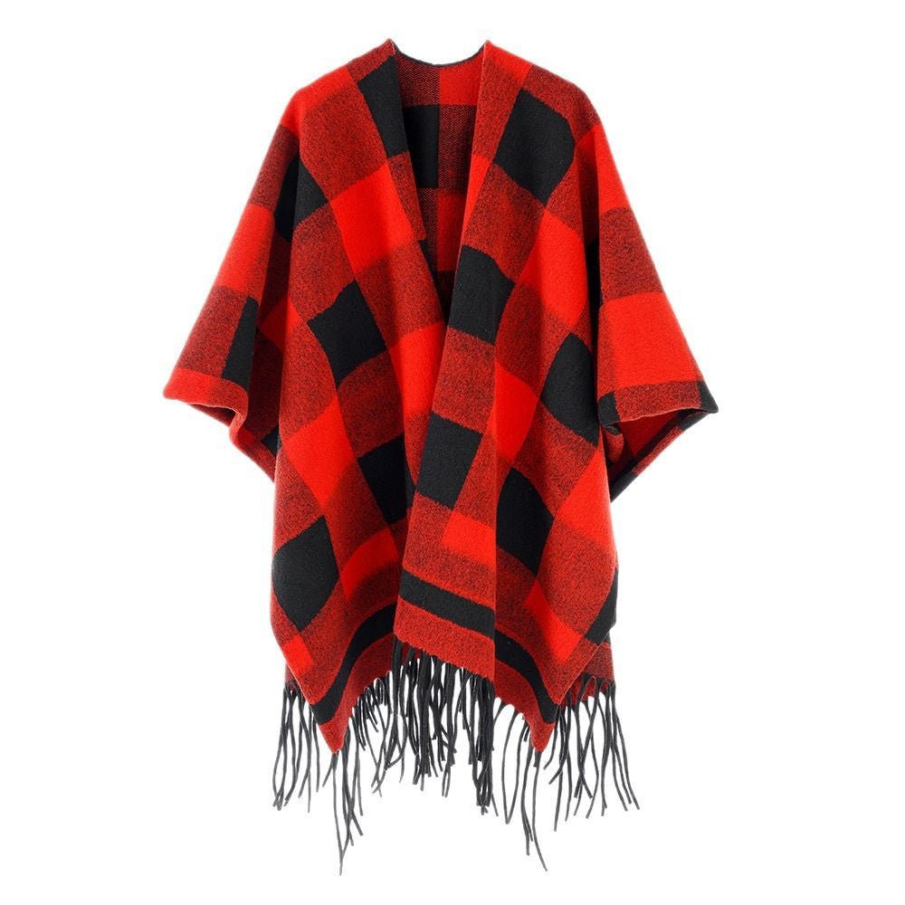 Damen Capeponcho im Plaid-Wickelstil aus Wollmix mit Fransensaum Drune