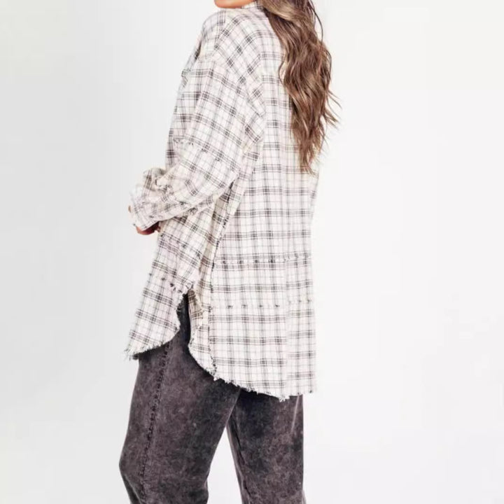 Damen nan oversized Karo-Überhemd mit Fransenbesatz, Brusttaschen und lockerer Passform Drune
