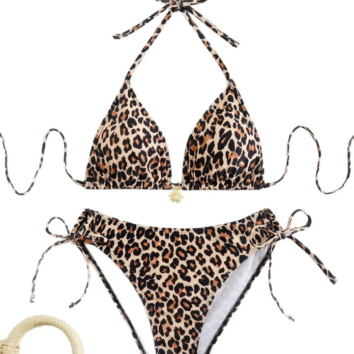 Damen Triangel-Bikini mit verspielten Bindebändern und modischem Leopardenmuster Drune