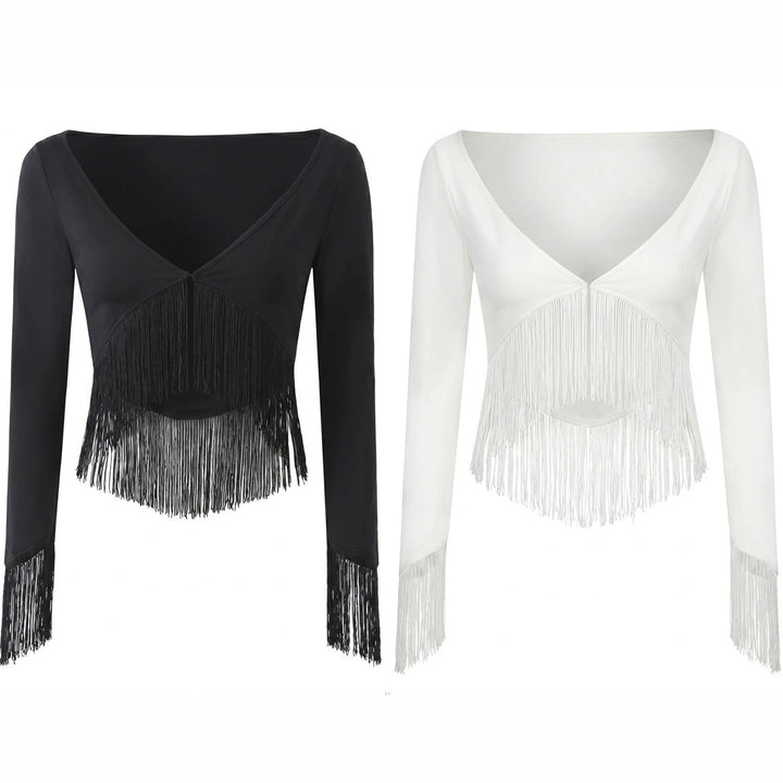 Damen Cropped V‑Neck Oberteil mit langen Ärmeln und dekorativem Fransenbesatz Drune